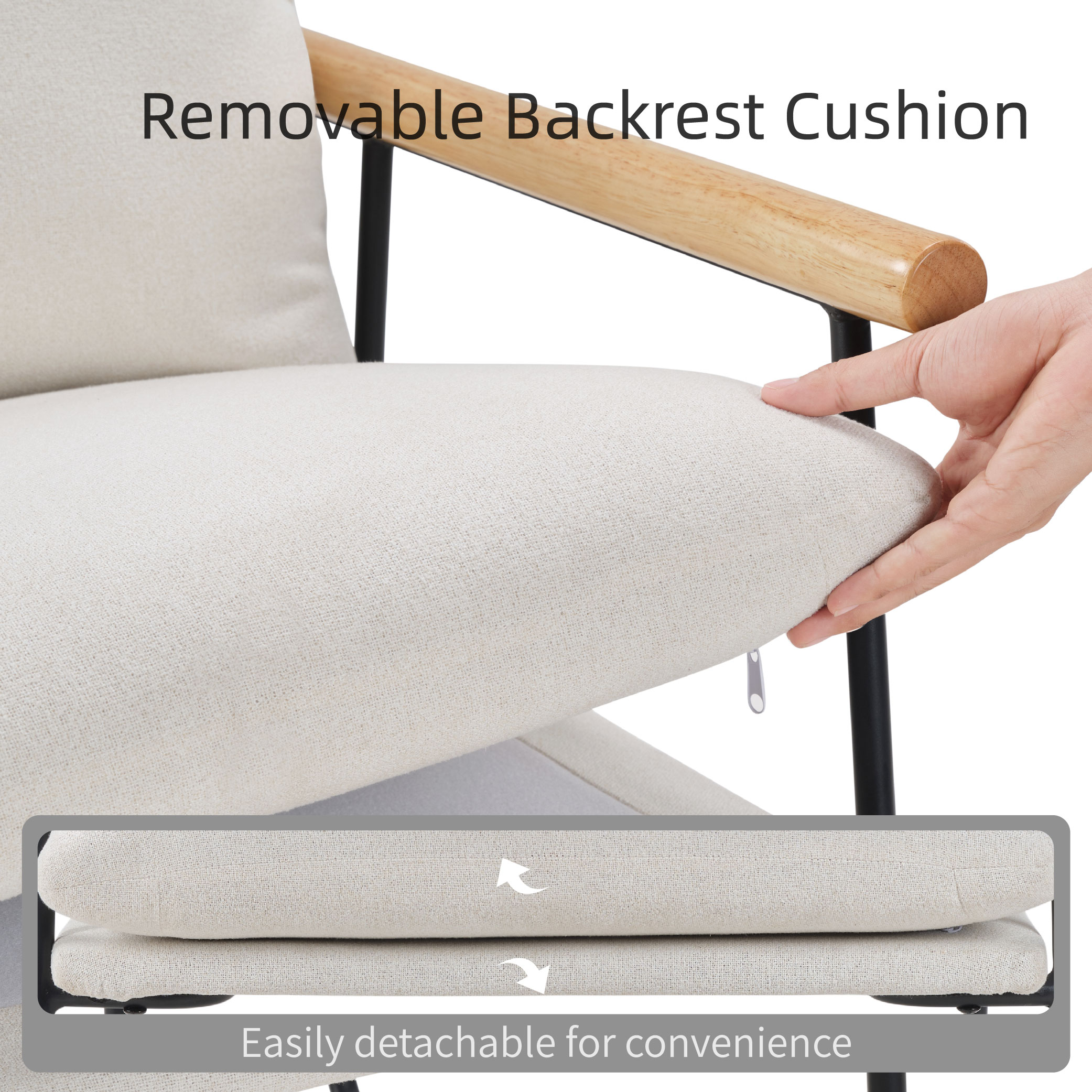 Modern Accent Chair, Comfy Chair With Removable Cushion, Vanity Chair With Wood Armrests For Living Room, Bedroom, White_voghion.com